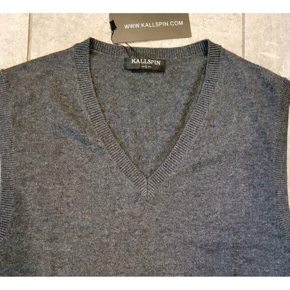 New Kallspin Wool Blend Gray V Neck Sweater Vest Sz L Grandpa - Picture 2 of 5